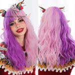 Perruques cosplay violettes à franges à motif licornes pour femme 