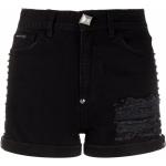 Shorts en jean Philipp Plein noirs en coton mélangé à strass classiques pour femme en promo 