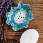Porte-savons en céramique turquoise à fleurs en céramique 