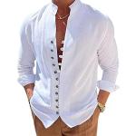 Chemises saison été blanches col mao à manches longues Taille L look casual pour homme en promo 