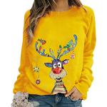 Pullovers pour fêtes de Noël jaunes à col rond Taille L plus size look sportif pour femme 