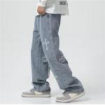 Jeans imprimés bleus à carreaux en denim lavable à la main look Hip Hop pour homme 