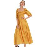 Robes à pois dorées à pois smockées midi à manches courtes à col carré Taille XL look casual pour femme 