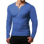 ReRock by Young & Rich T-shirt à manches longues pour homme avec boutonnière et col en V – T-shirt Henley à la coupe ajustée avec de grands boutons – T-shirt Serafino - Bleu - Medium
