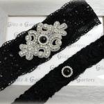 Rhinestone Crystal Crest Sur Black Lace Wedding/Bridal Garter, Rhinestone - Black Pearl-Like Accents