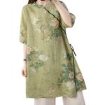 Robes d'été vertes à fleurs mi-longues à manches mi-longues Taille XL look asiatique pour femme 