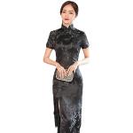 Robes de soirée longues noires en satin à manches courtes Taille XXL look asiatique pour femme en promo 