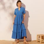 Robes évasées bleues en viscose à volants à col en V Taille XL pour femme en promo 