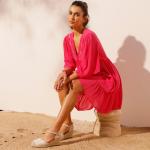 Robes d'été roses en viscose au genou à manches trois-quart à col en V Taille XL pour femme 