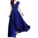 Robes de soirée longues de mariée bleues à fleurs en mousseline à manches courtes à col en V Taille XXL plus size look fashion pour femme 