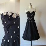 Robes vintage années 50 noires à fleurs en toile à strass petite look vintage pour femme 