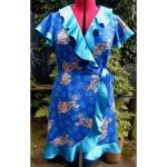 Robes à imprimés bleu roi en satin à volants à manches courtes Taille M look asiatique pour femme 