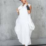 Robes d'été blanches en lin maxi à col asymétrique Taille XS pour femme 