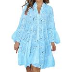 Robes longues bohèmes bleues à fleurs en mousseline à capuche minis à manches longues à col rond Taille 5 XL style bohème pour femme 