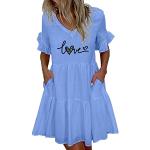Robes d'été bleues à fleurs à volants mi-longues à manches courtes à col rond Taille L plus size look casual pour femme 