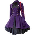 Robes en dentelle vintage violettes à volants à capuche au genou à manches longues à col carré Taille L plus size look médiéval pour femme 
