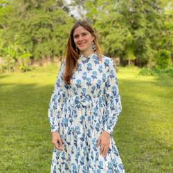 Robe Indienne Élégante À Imprimé Fleur De Souci Bleu/La Main Robe Maxi Boho Printemps Manches Longues