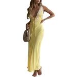 Robes longues bohèmes jaunes à fleurs en dentelle à bretelles spaghetti maxi sans manches Taille M look urbain pour femme 