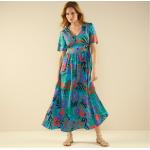 Robes longues fleuries turquoise tropicales en polyester smockées longues à col en V Taille XL pour femme 
