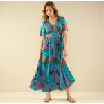 Robes longues fleuries turquoise tropicales en polyester smockées longues à col en V Taille 3 XL pour femme 