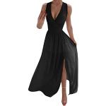 Robes longues fendues noires à perles à manches longues à col en V Taille XL plus size style bohème pour femme 
