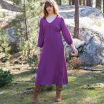 Robes évasées violettes en viscose à manches trois-quart à col en V Taille XS pour femme en promo 