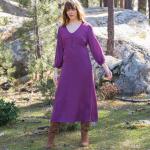 Robes évasées violettes en viscose à manches trois-quart à col en V Taille XL pour femme en promo 