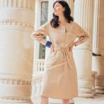 Robes beiges en coton à manches longues made in France à manches longues Taille S look vintage pour femme 