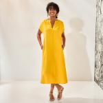 Robes évasées jaunes en toile midi à manches courtes à col rond Taille XS pour femme 