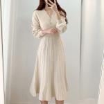 Robes plissées à manches longues look vintage pour femme en promo 