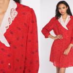 Robes en dentelle vintage rouges en dentelle à manches trois-quart Taille L look vintage pour femme 