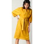Robes sahariennes jaunes à effet froissé en lin à manches trois-quart à col rond Taille L pour femme 