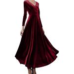 Robes de bal longues d'automne rouges à fleurs en velours à sequins mi-longues à manches longues à col en V Taille XXL plus size look fashion pour femme 
