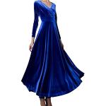 Robes de bal longues bleues à pois en velours à sequins au genou à manches longues à col carré Taille L plus size look fashion pour femme 