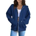 Sweats zippés d'automne bleues foncé à capuche à manches longues à col rond Taille XXL plus size look casual pour femme en promo 