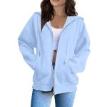 Sweats zippés d'automne bleu ciel à capuche à manches longues à col rond Taille M plus size look casual pour femme en promo 