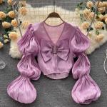 Chemises de printemps violettes patchwork en mousseline à clous Tailles uniques look fashion pour femme 