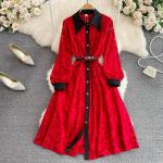 Robes longues en dentelle d'automne rouges patchwork en fibre synthétique Taille XXL look casual pour femme 