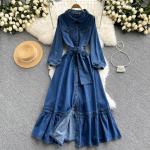 Robes ceinturées d'automne bleues en fibre synthétique longues Taille XXL rétro pour femme 