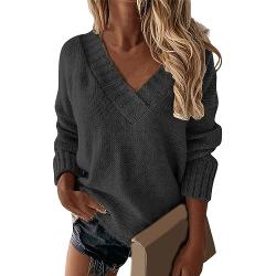 RUIRUILICO Pull Femme Tricoté Décontracté Automne Hiver Sweater Col V Sexy Manche Longue Vintage Sweat Stitch Coupe Ample Mode Vêtements