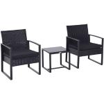 Salon de jardin 2 places - 3 pièces 2 chaises avec coussins + table basse - plateau verre trempé - résine tressée 4 fils imitation rotin noir