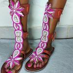 Sandales marron imprimé africain en cuir à perles en cuir style ethnique pour femme 