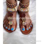 Sandales imprimé africain en cuir à perles en cuir pour femme 