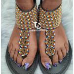 Sandales multicolores imprimé africain en cuir à perles en cuir style ethnique pour femme 