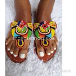 Tongs  imprimé africain en cuir à perles style ethnique pour femme 