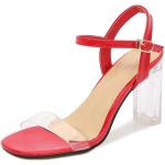 Sandales à talon haut rouges en caoutchouc à talons carrés à bouts carrés à boucles avec un talon de plus de 9cm look casual pour femme 