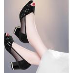 Sandales à talon haut noires en caoutchouc à talons carrés à bouts ouverts à élastiques Pointure 35 look fashion pour femme 