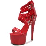 Sandales compensées rouges en caoutchouc à clous à talons aiguilles à fermetures éclair avec un talon de plus de 9cm look casual pour femme 