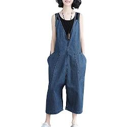 Shengwan Salopettes Femme Denim Combinaisons Pantalon Jeans Overalls Casual Baggy Jumpsuit avec Grandes Poches Bleu XXL