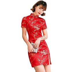 SHINROAD Robe Cheongsam pour femme Col Mandarin Manches Courtes Lady Fleur Style chinois Qipao Mini Robe Vêtements